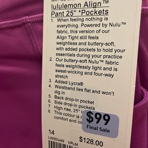 Lululemon Align Pant 25 Pockets Vivid Plum NWT 14